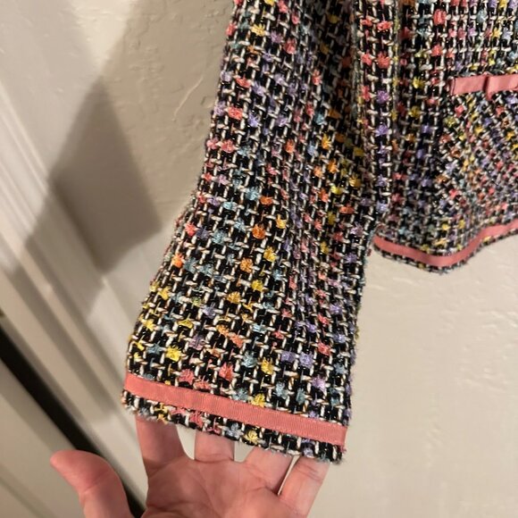 Hillard & Hanson Tweed Bow Accent Plus Size Long Sleeved Pink Piped Pocketed Bla - Picture 3 of 11